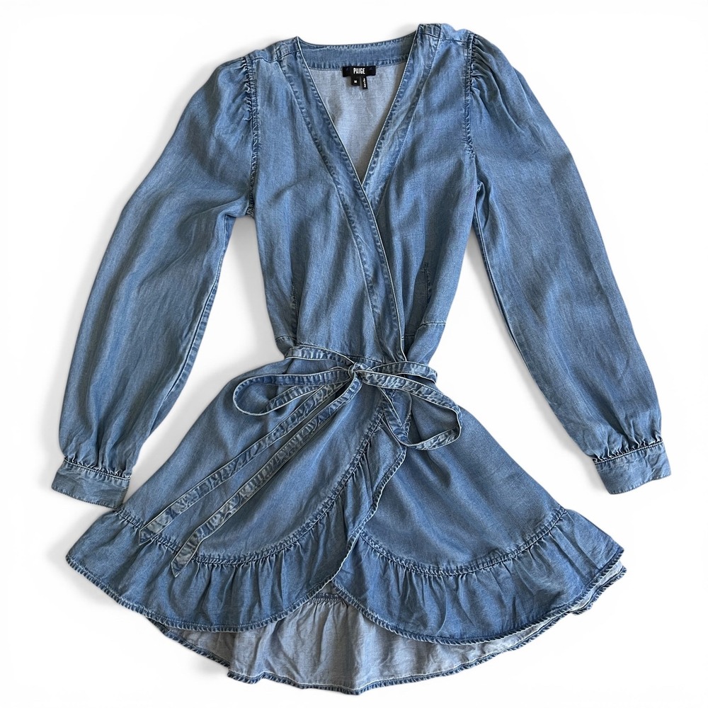 Paige Kendry Denim Wrap Ruffle Dress Juno Chambray Western Boho Womens M Blue - Picture 4 of 16
